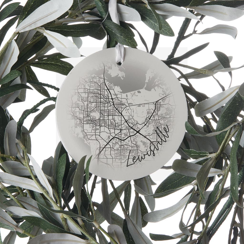 Minimalistic B&W Texas Lewisville Circle Map | Wood Ornament | Eaches | Min 6