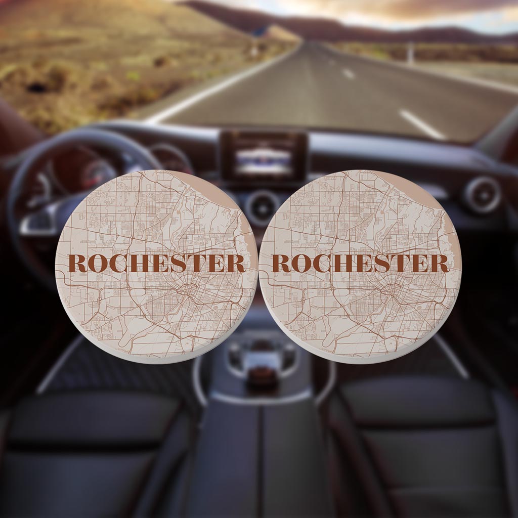 Modern Minimalist New York Rochester Map | Absorbent Car Coasters | Set of 2 | Min 4