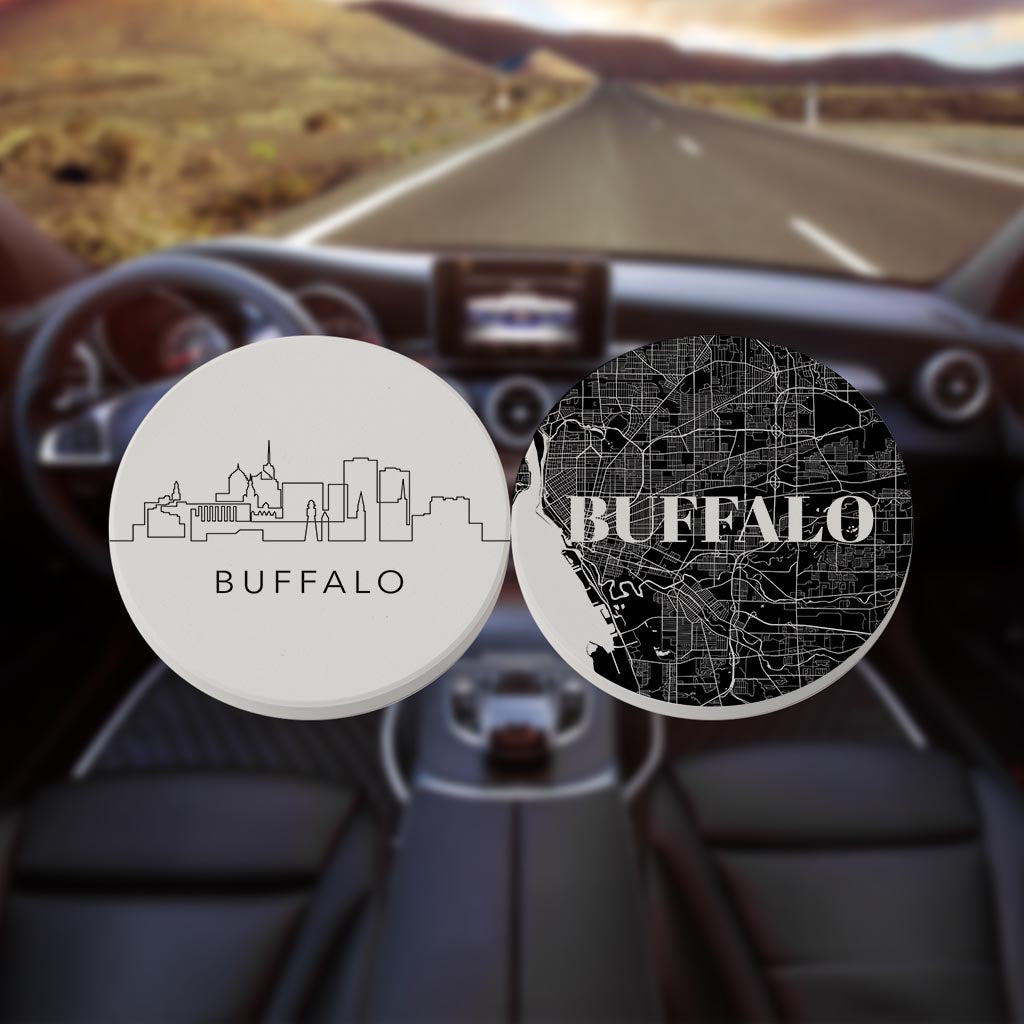 Minimalistic B&W New York Buffalo Map Skyline| Absorbent Car Coasters | Set of 2 | Min 4