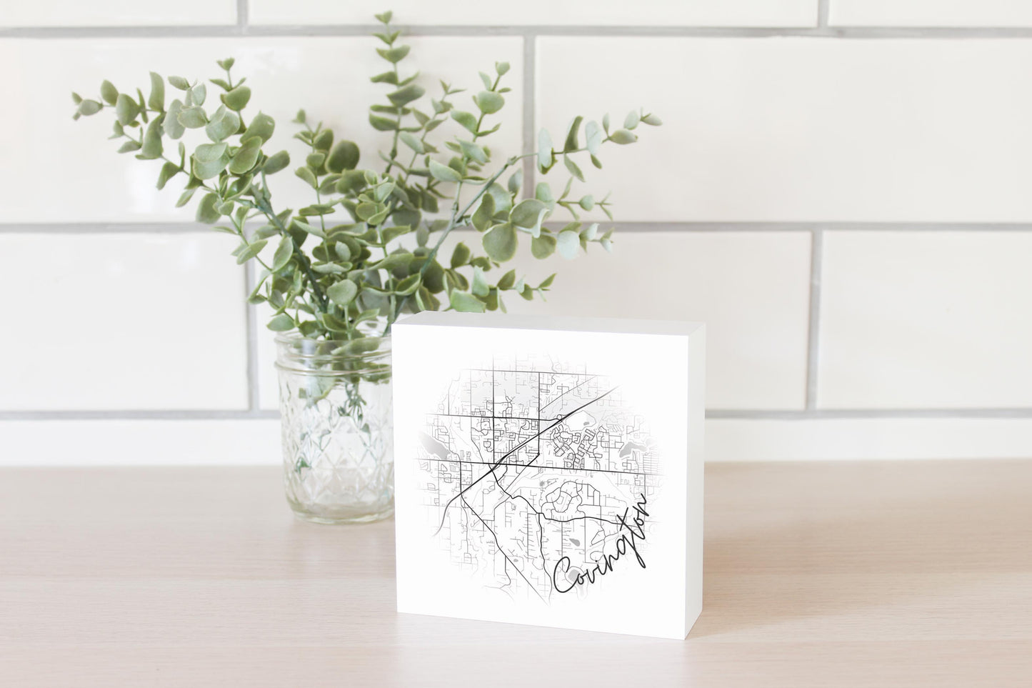 Minimalistic B&W Washington Covington Circle Map | Wood Block | Eaches | Min 4