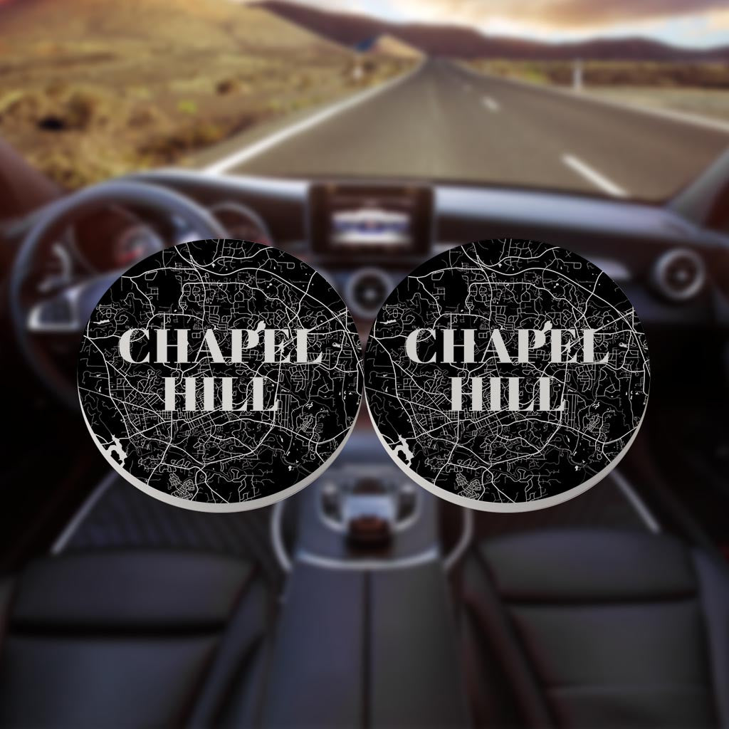 Minimalistic B&W North Carolina Chapel Hill Map | Absorbent Car Coasters | Set of 2 | Min 4