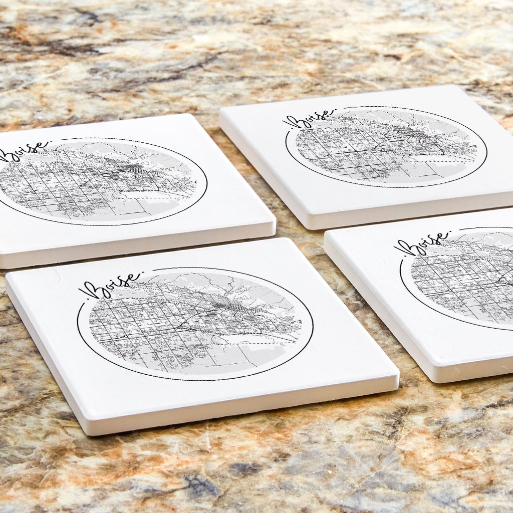 Minimalist B&W Idaho Boise Circle Map | Absorbent Coasters | Set of 4 | Min 2