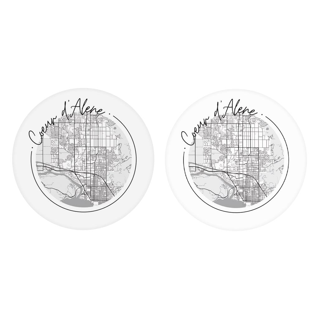 Minimalist B&W Idaho Coeur Dalene Circle Map | Absorbent Car Coasters | Set of 2 | Min 4