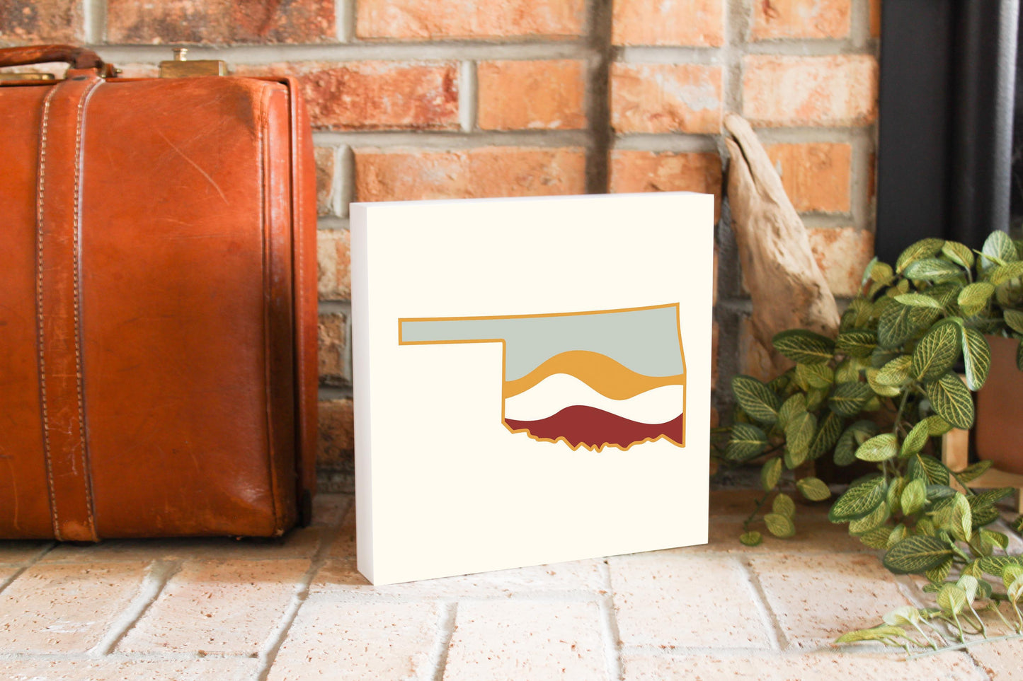 Modern Minimalist Oklahoma Cream Retro State Shape With Hills | Wood Block | Eaches | Min 2