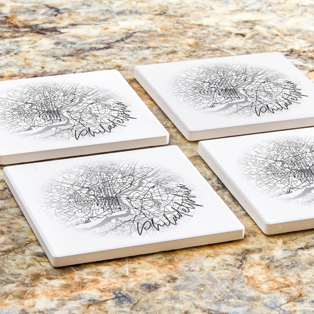 Minimalistic B&W Pennsylvania Philadelphia Circle Map | Absorbent Coasters | Set of 4 | Min 2