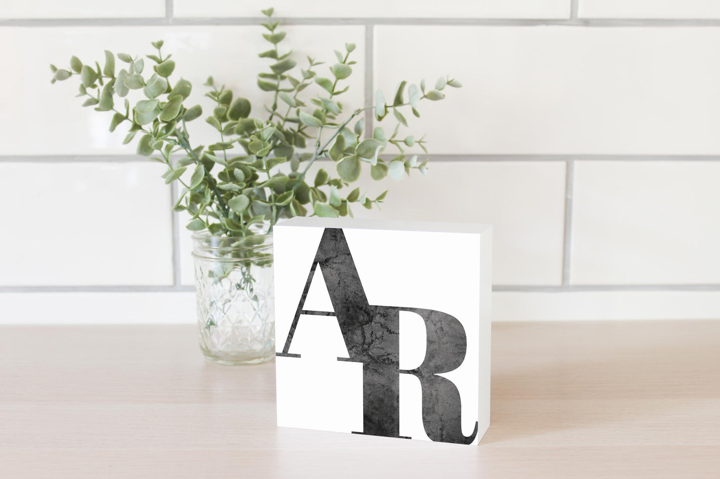 B&W Minimalist Arkansas White Initials | Wood Block | Eaches | Min 4