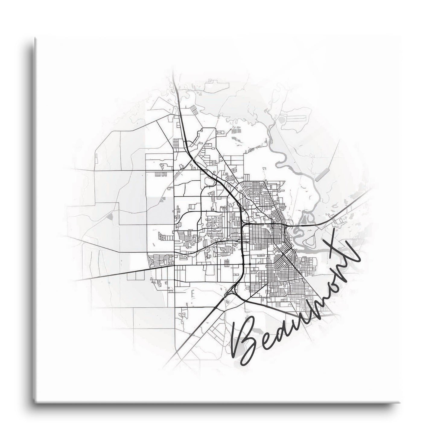 Minimalistic B&W Texas Beaumont Circle Map | Hi-Def Glass Art | Eaches | Min 1