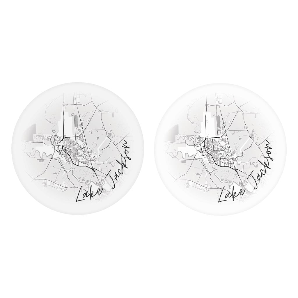 Minimalistic B&W Texas Lake Jackson Circle Map | Absorbent Car Coasters | Set of 2 | Min 4
