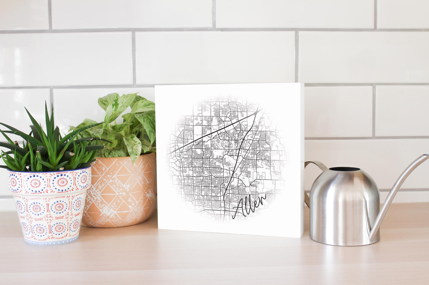 Minimalistic B&W Texas Allen Circle Map | Wood Block | Eaches | Min 2