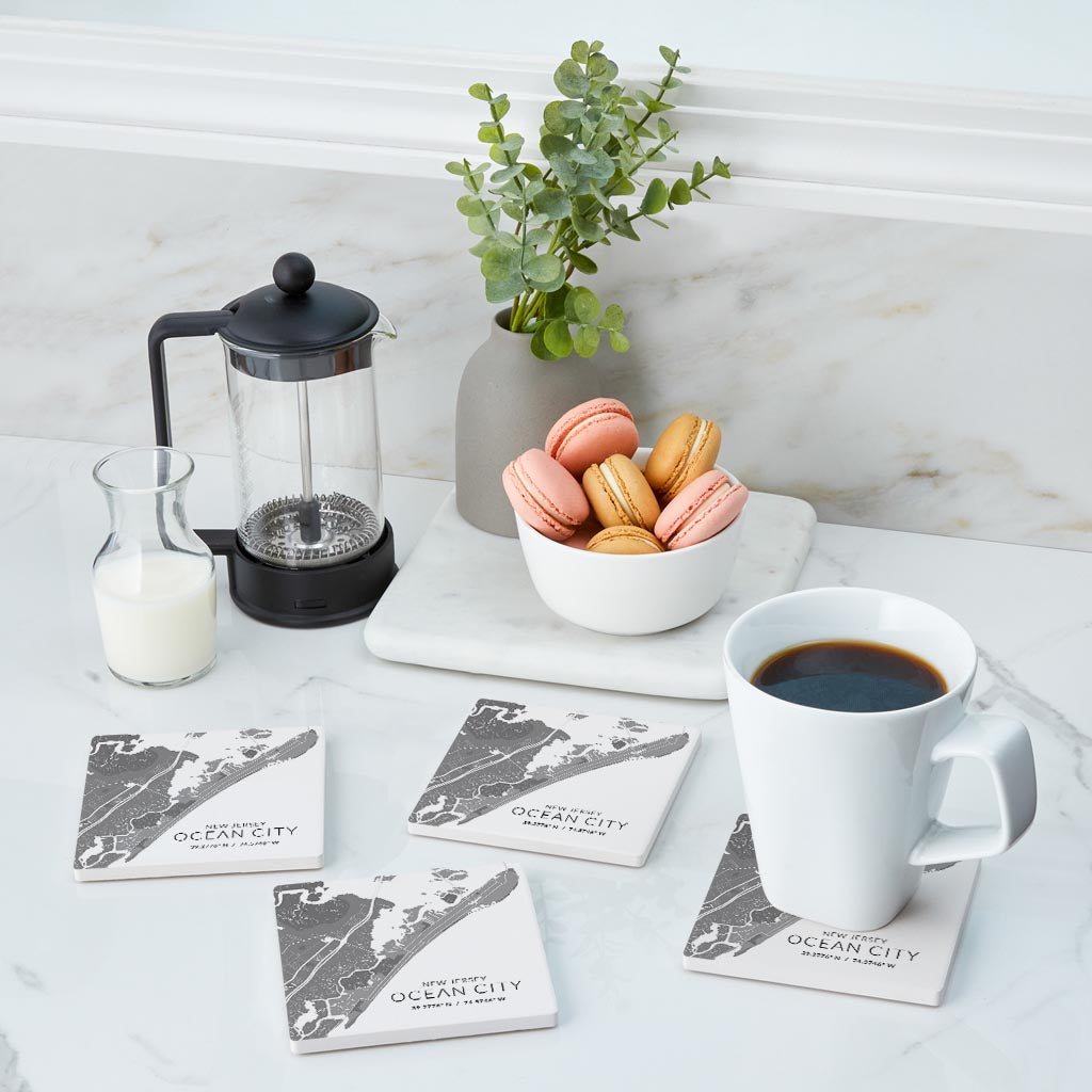 Ocean City Nj Minimalistic Map With Coordinates | Absorbent Coasters | Set of 4 | Min 2