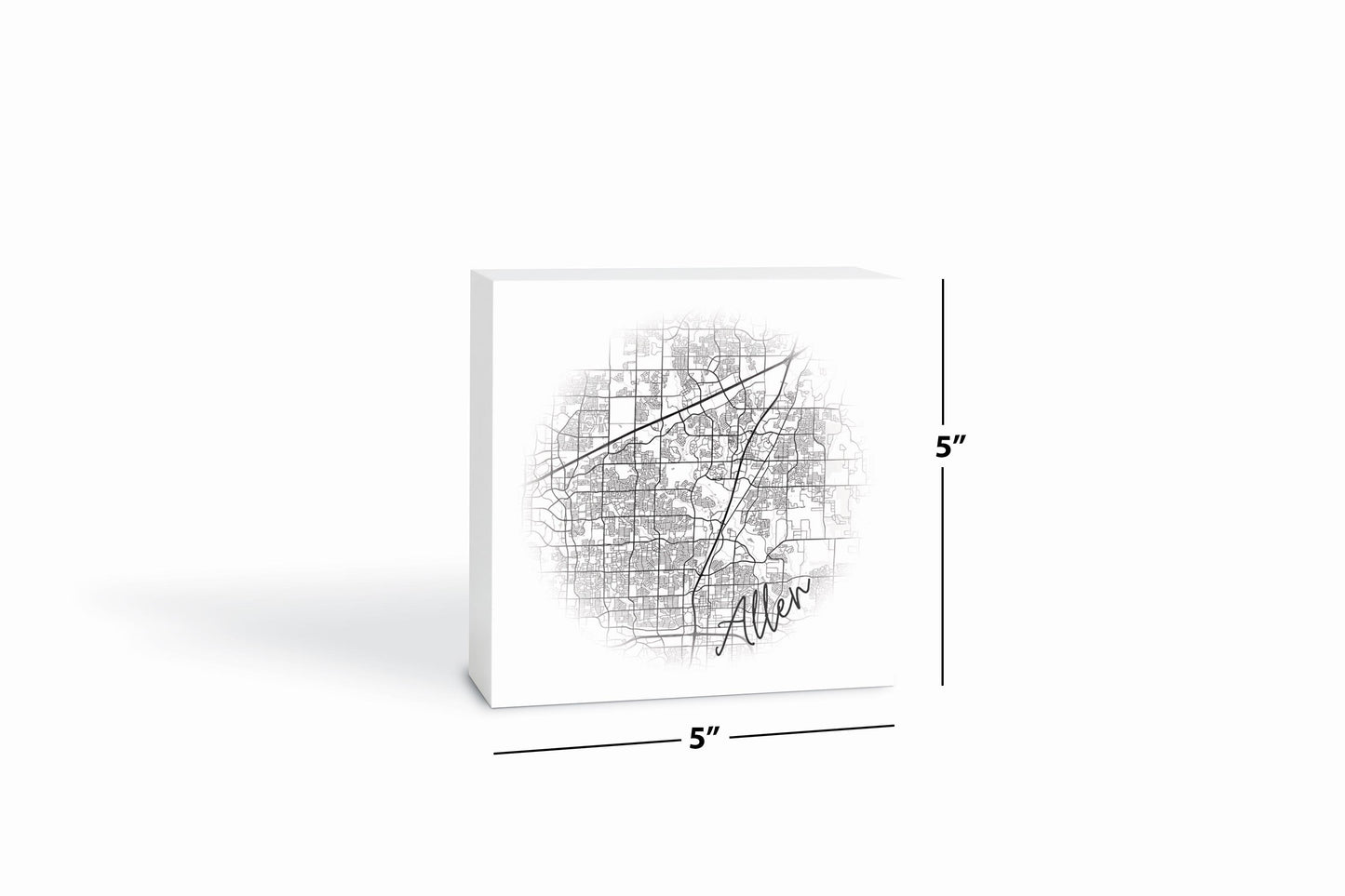 Minimalistic B&W Texas Allen Circle Map | Wood Block | Eaches | Min 4