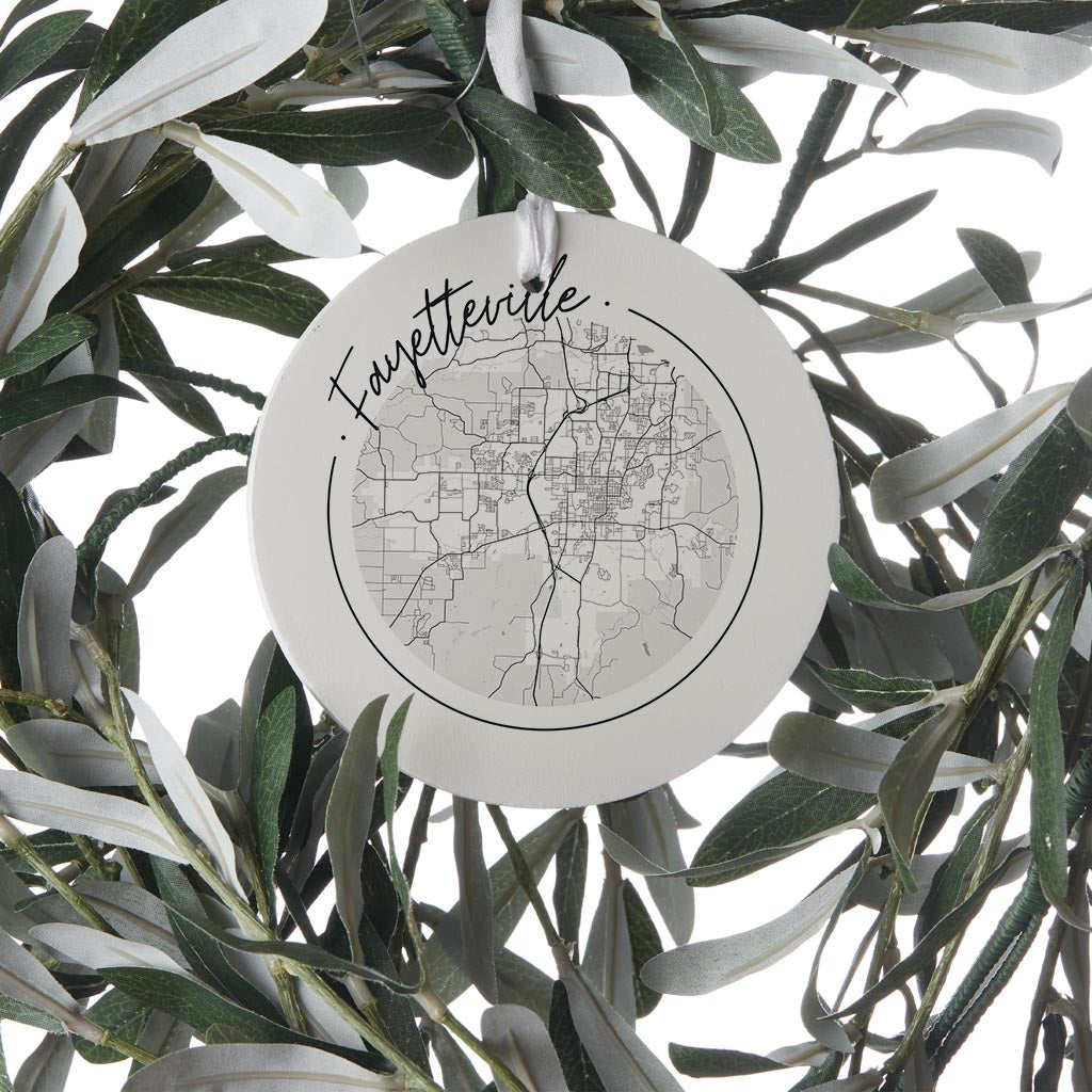 B&W Minimalist Arkansas Fayetteville Circle Map | Wood Ornament | Eaches | Min 6