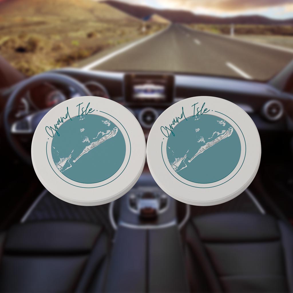 Blue White Grand Isle Circle Map | Absorbent Car Coasters | Set of 2 | Min 4