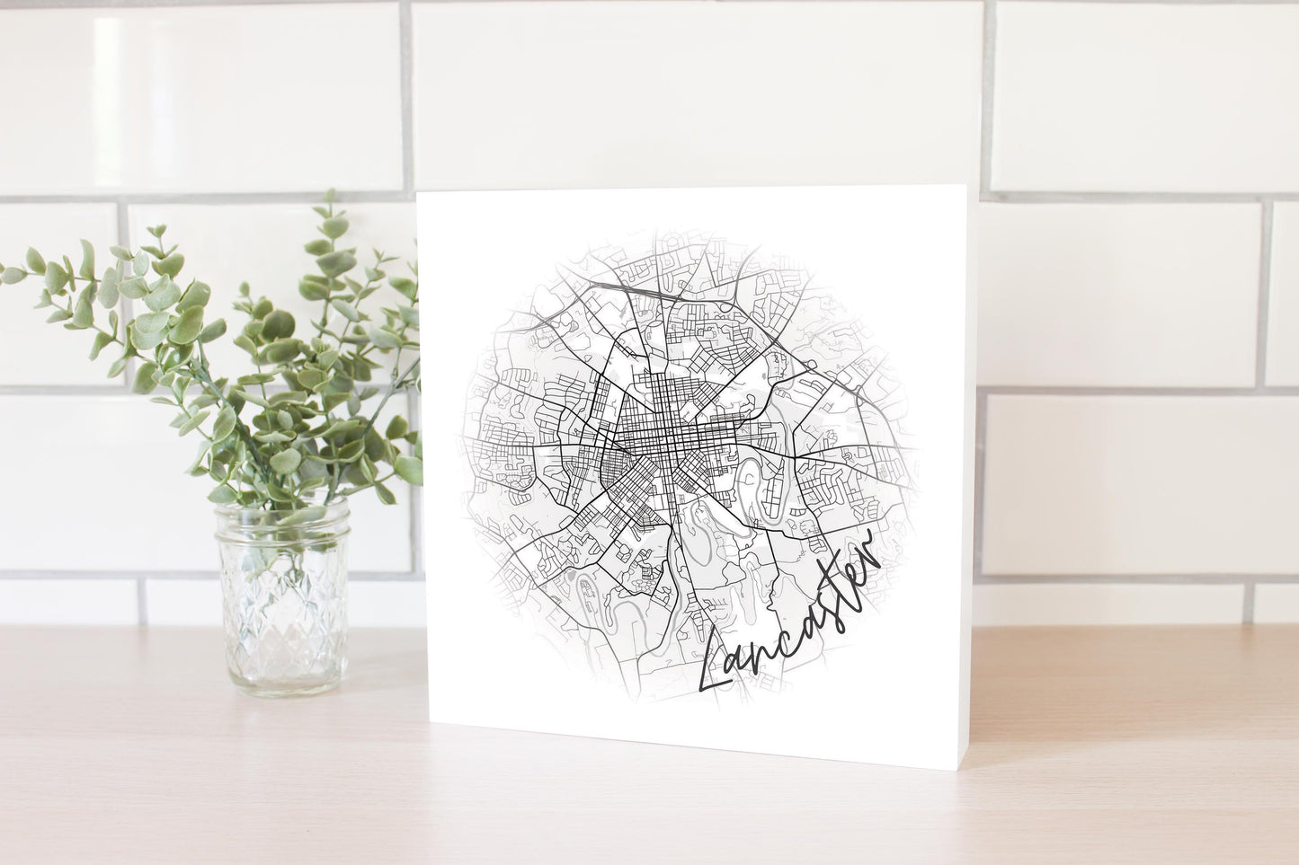Minimalistic B&W Pennsylvania Lancaster Circle Map | Wood Block | Eaches | Min 2