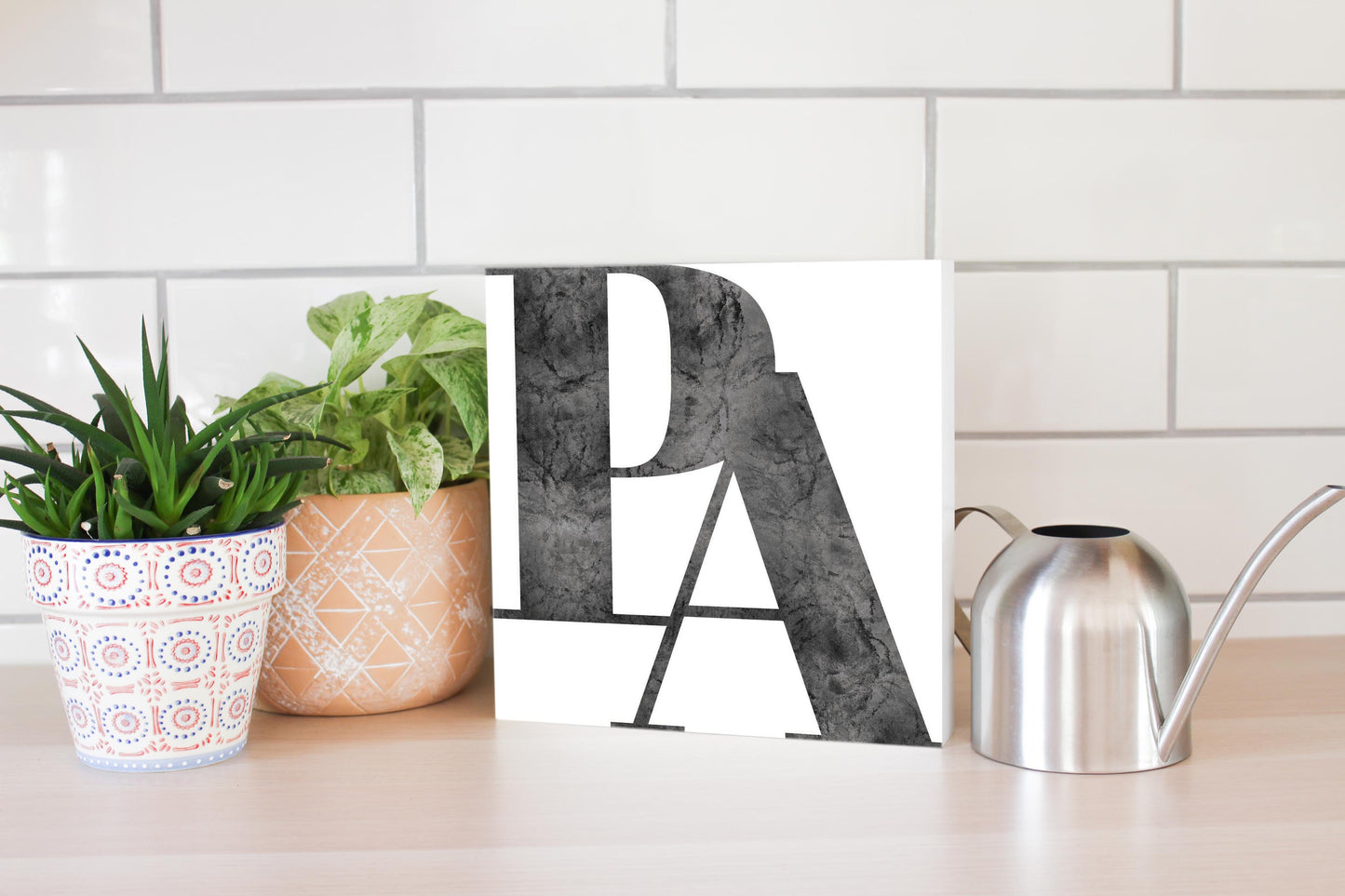 Minimalistic B&W Pennsylvania White Initials | Wood Block | Eaches | Min 2