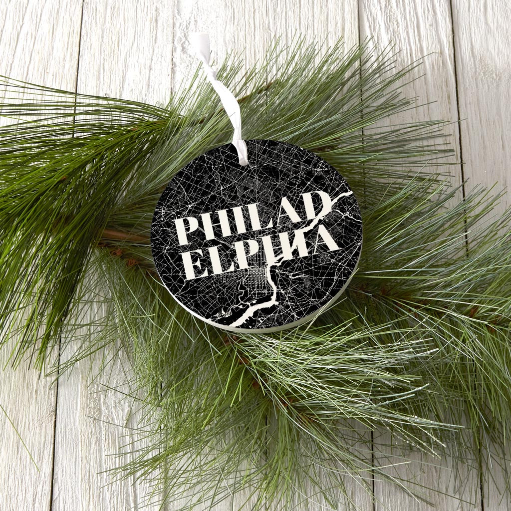 Minimalistic B&W Pennsylvania Philadelphia Map| Wood Ornament | Eaches | Min 6