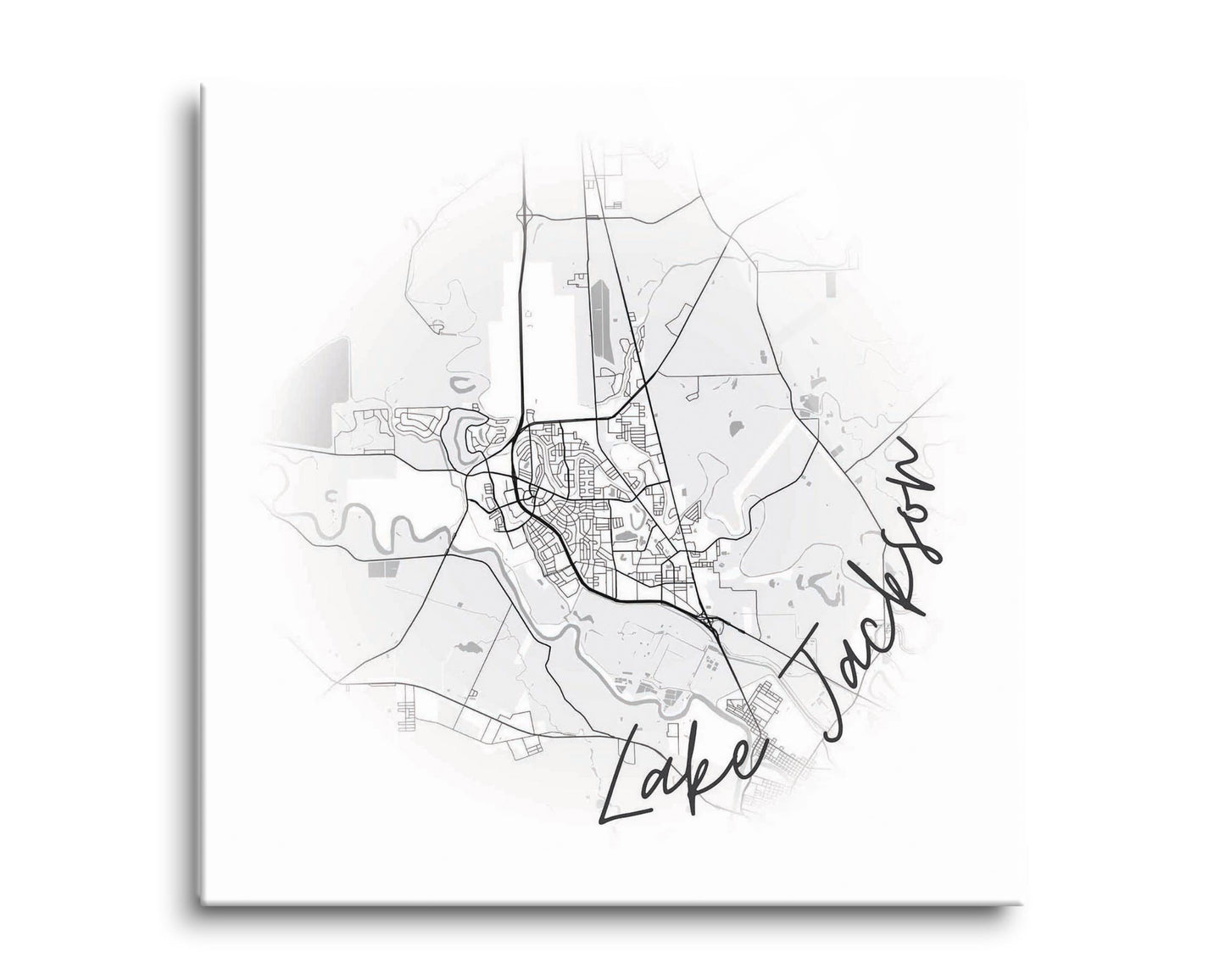 Minimalistic B&W Texas Lake Jackson Circle Map | Hi-Def Glass Art | Eaches | Min 2