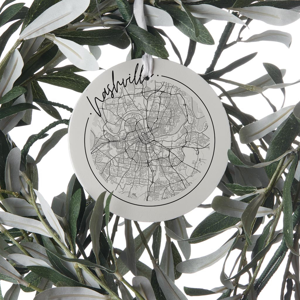 Minimalist B&W Tennessee Nashville Circle Map | Wood Ornament | Eaches | Min 6