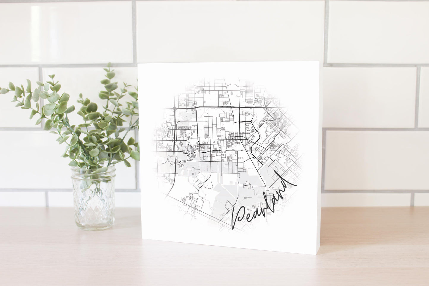 Minimalistic B&W Texas Pearland City Circle Map | Wood Block | Eaches | Min 2