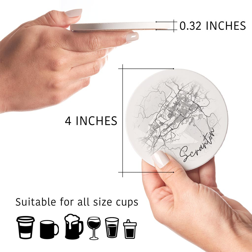 Minimalistic B&W Pennsylvania Scranton Circle Map | Absorbent Coasters | Set of 4 | Min 2