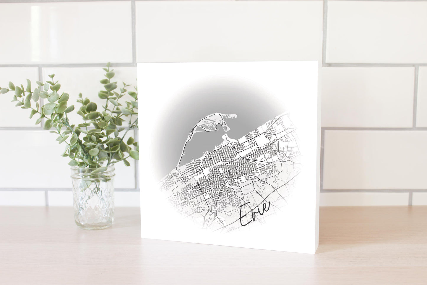 Minimalistic B&W Pennsylvania Erie Circle Map | Wood Block | Eaches | Min 2