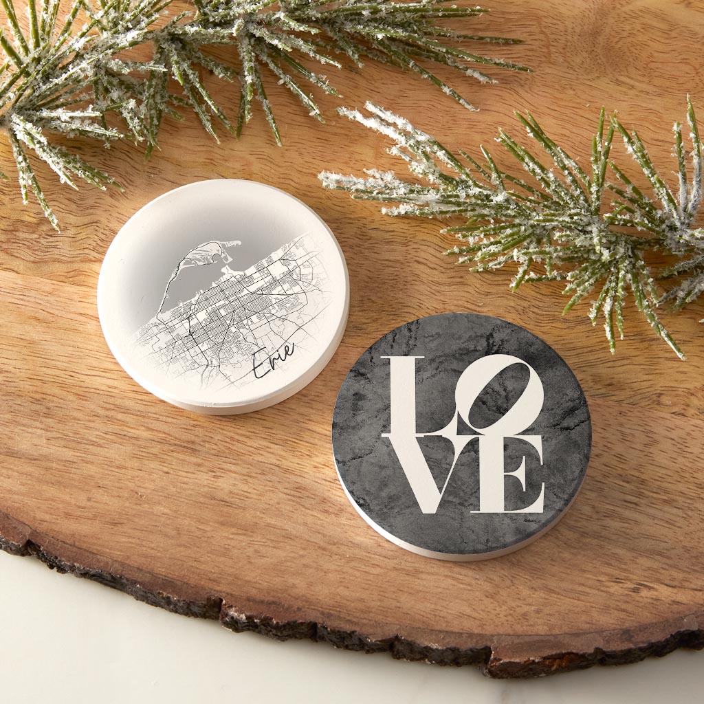 Minimalistic B&W Pennsylvania Erie Circle Love| Absorbent Car Coasters | Set of 2 | Min 4
