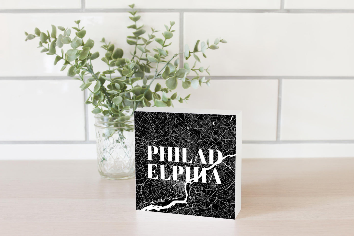 Minimalistic B&W Pennsylvania Philadelphia Map | Wood Block | Eaches | Min 4