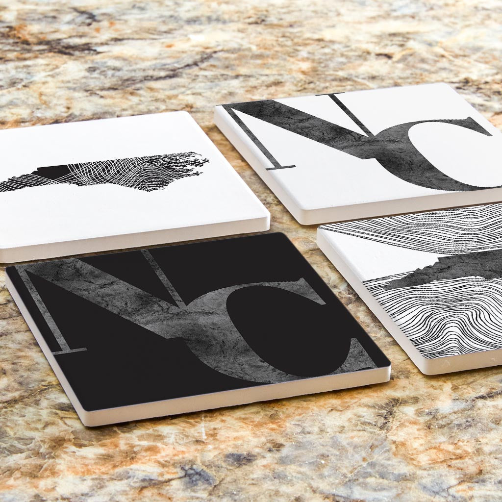 Minimalistic B&W North Carolina Initials State Shapes | Absorbent Coasters | Set of 4 | Min 2