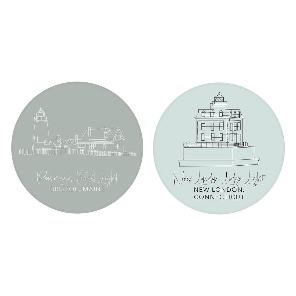 New England Lighthouse Muted Coastal | Absorbent Car Coasters | Set of 2 | Min 4