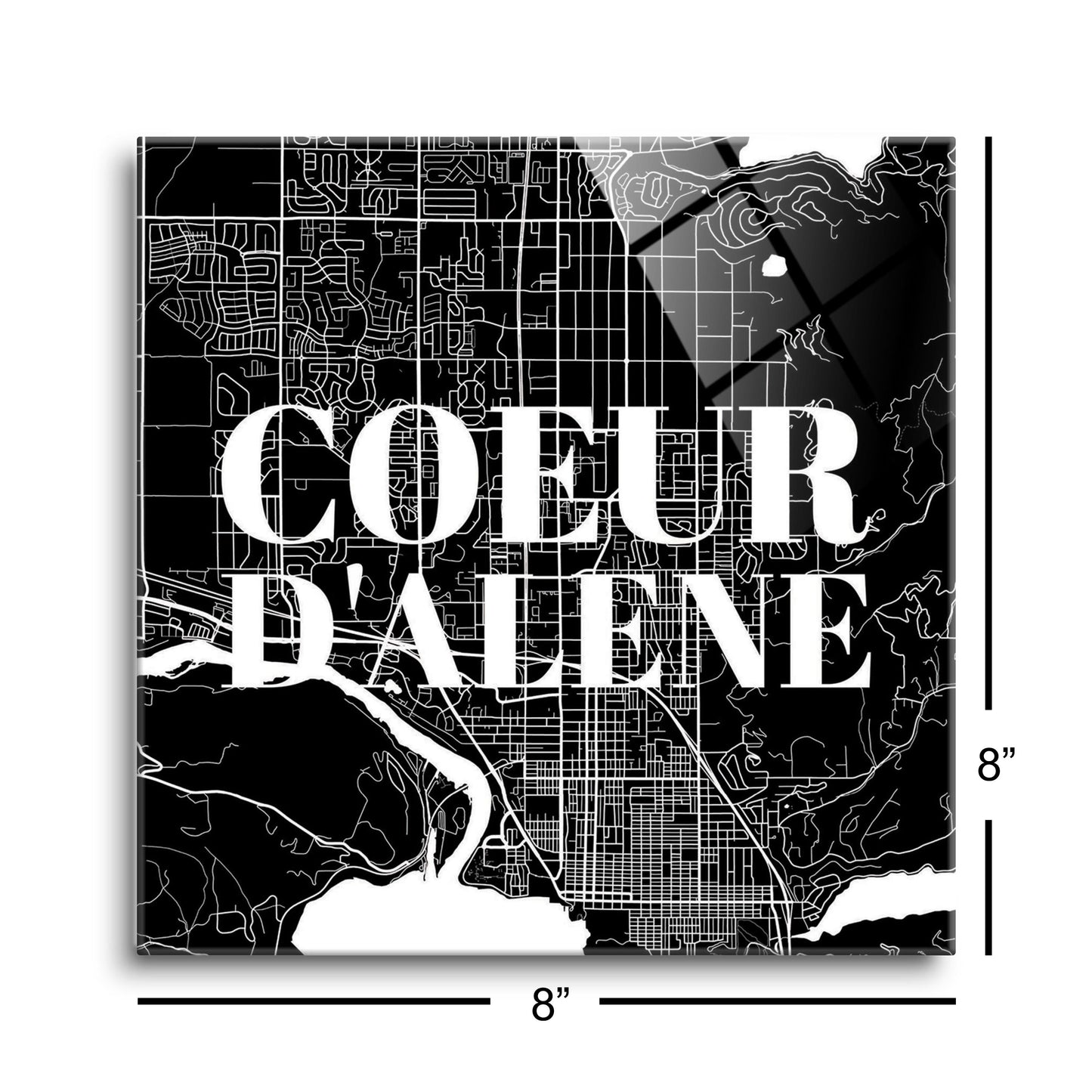 Minimalist B&W Idaho Coeur Dalene Map | Hi-Def Glass Art | Eaches | Min 2