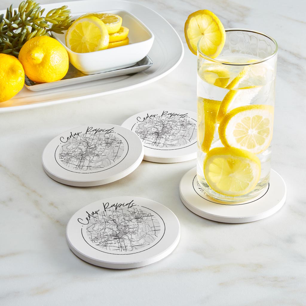 Minimalistic B&W Iowa Cedar Rapids Circle Map | Absorbent Coasters | Set of 4 | Min 2