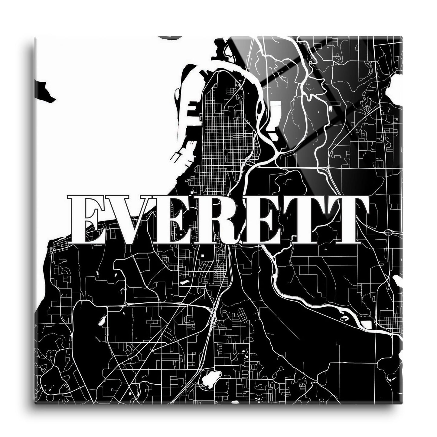 Minimalistic B&W Washington Everett Map | Hi-Def Glass Art | Eaches | Min 1