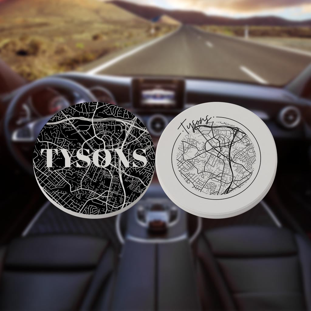 Minimalistic B&W Virginia Tysons Maps | Absorbent Car Coasters | Set of 2 | Min 4