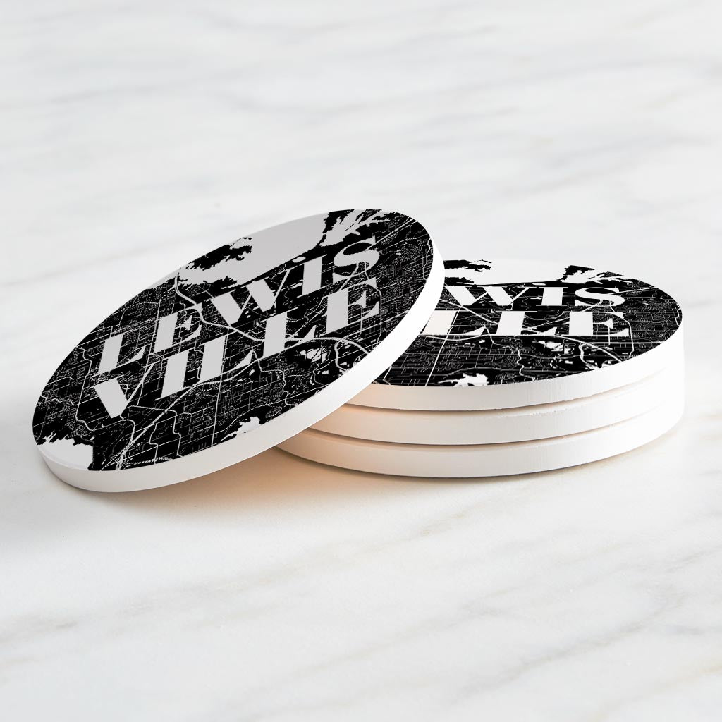 Minimalistic B&W Texas Lewisville Map | Absorbent Coasters | Set of 4 | Min 2