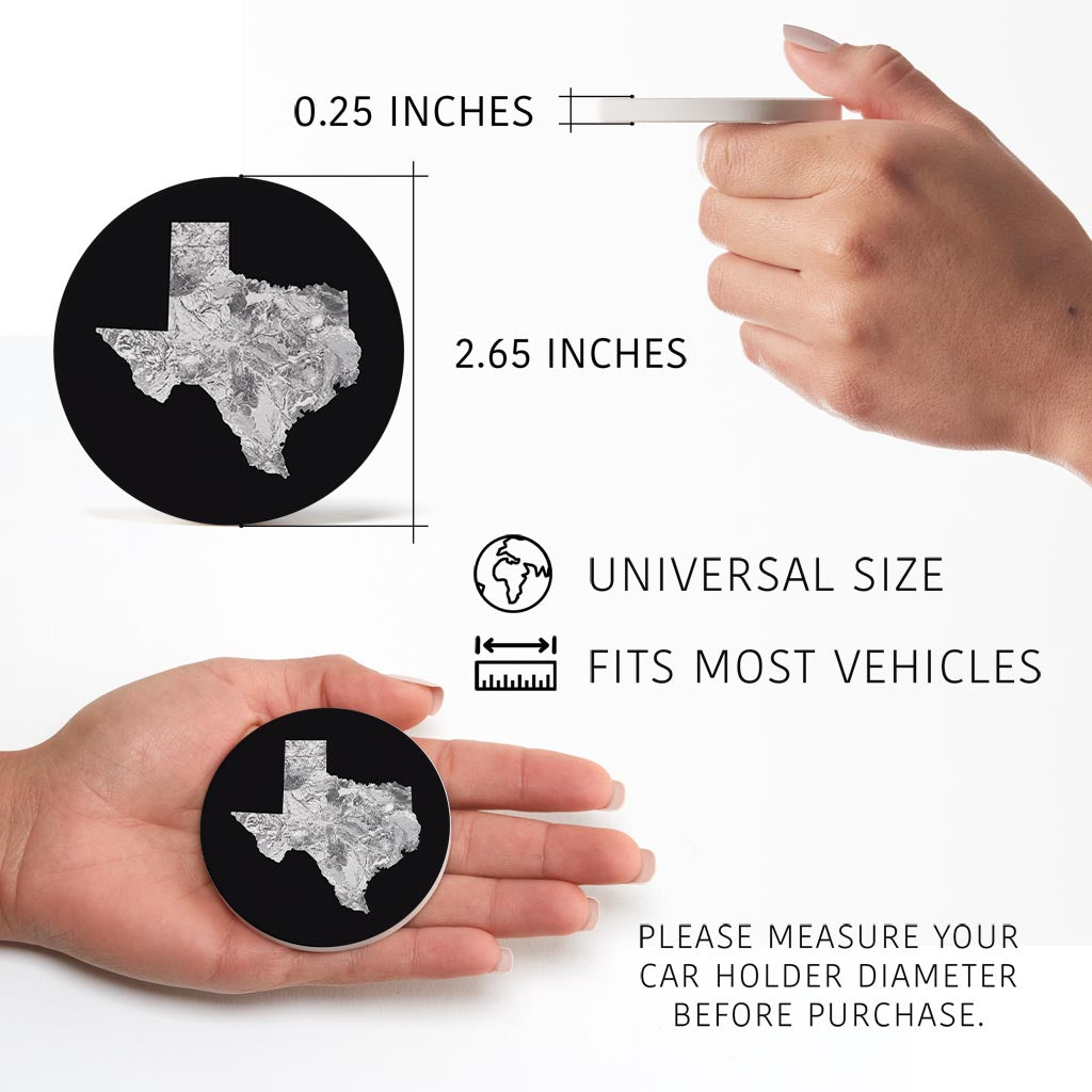 Minimalistic B&W Texas Metal State Shape | Absorbent Car Coasters | Set of 2 | Min 4
