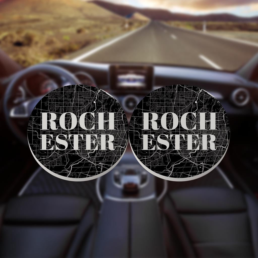 Minimalistic B&W New York Rochester Map | Absorbent Car Coasters | Set of 2 | Min 4