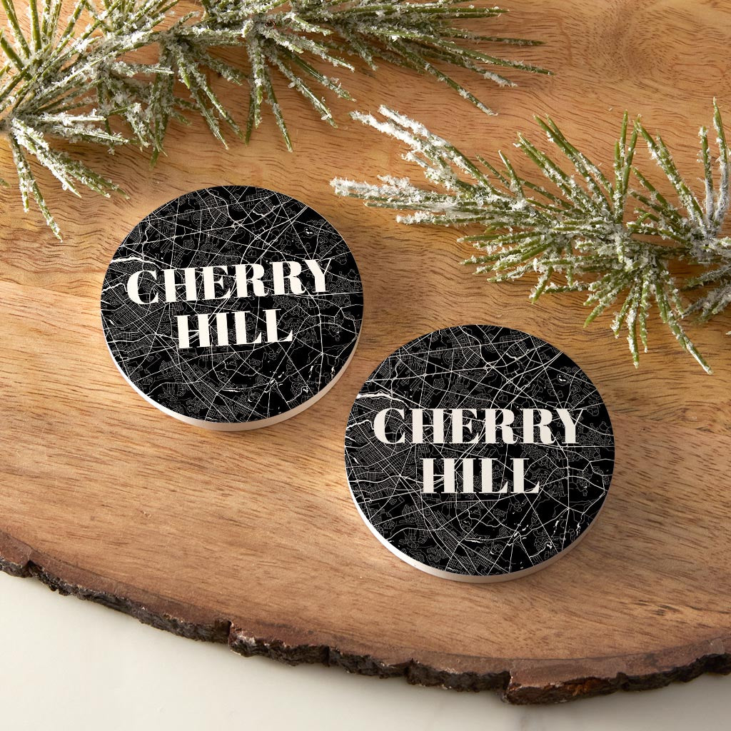 Minimalistic B&W New Jersey Cherry Hill Map | Absorbent Car Coasters | Set of 2 | Min 4
