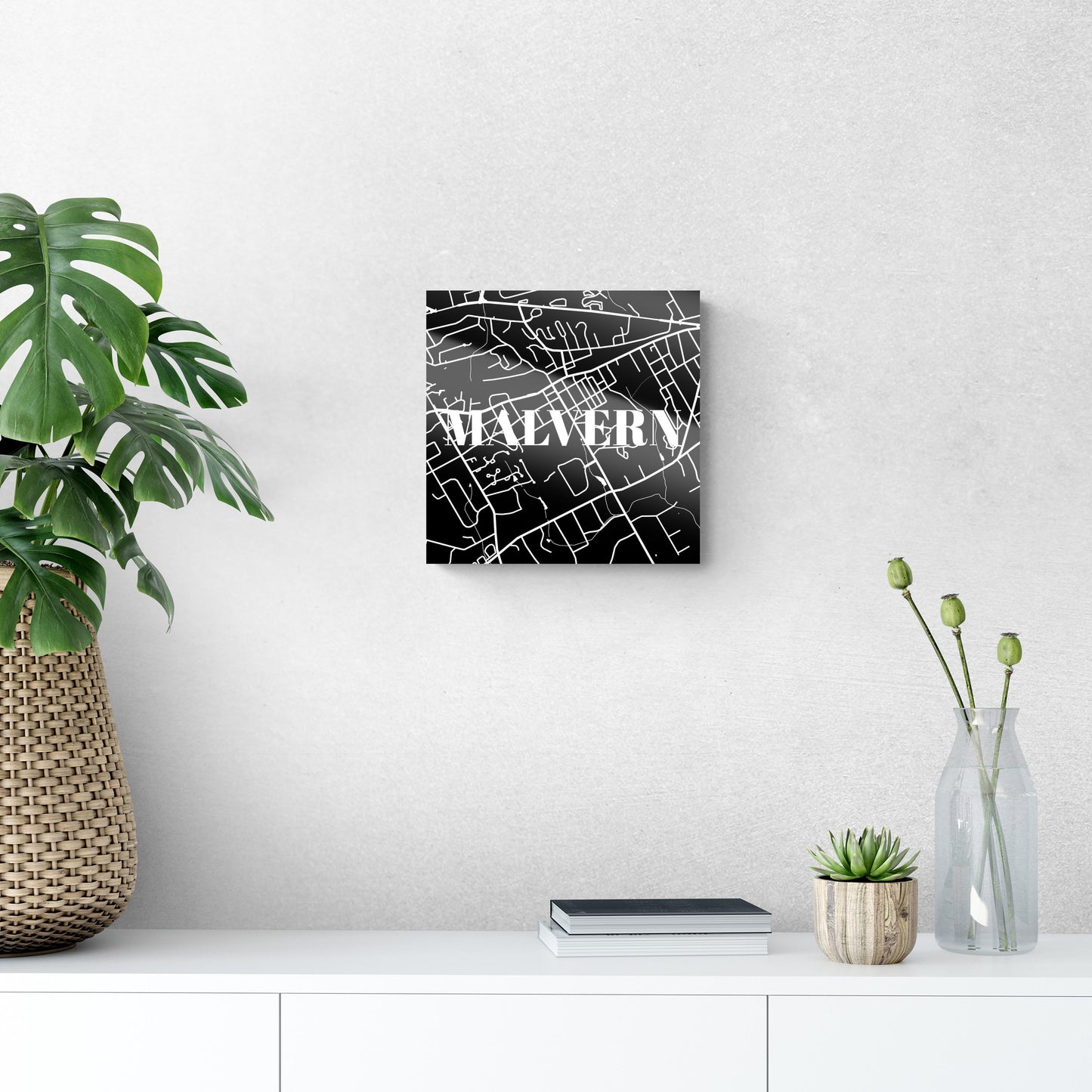 Minimalistic B&W Pennsylvania Malvern Map | Hi-Def Glass Art | Eaches | Min 1