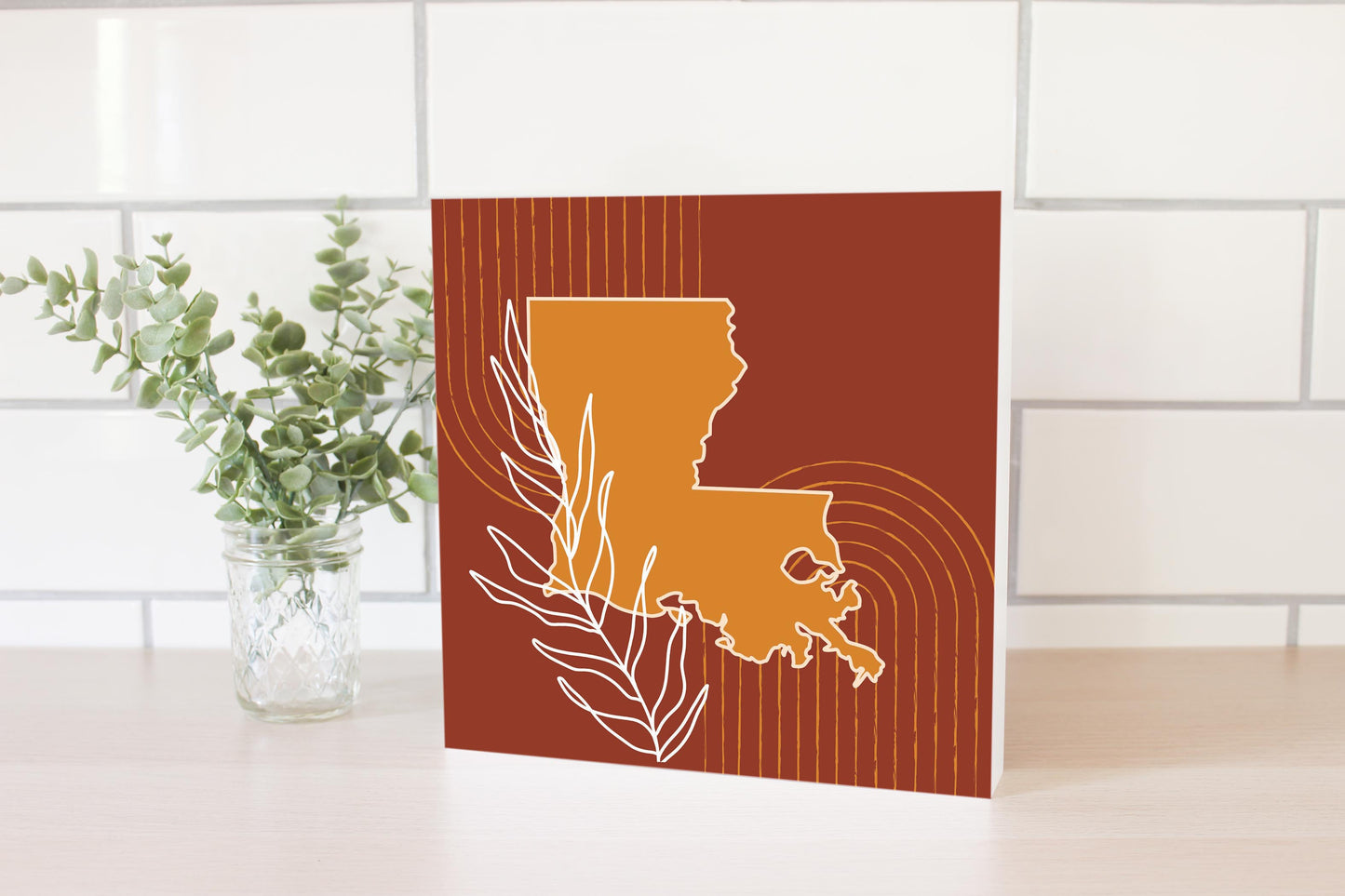 Modern Minimalist Louisiana State Shape With Leaf | Wood Block | Eaches | Min 2