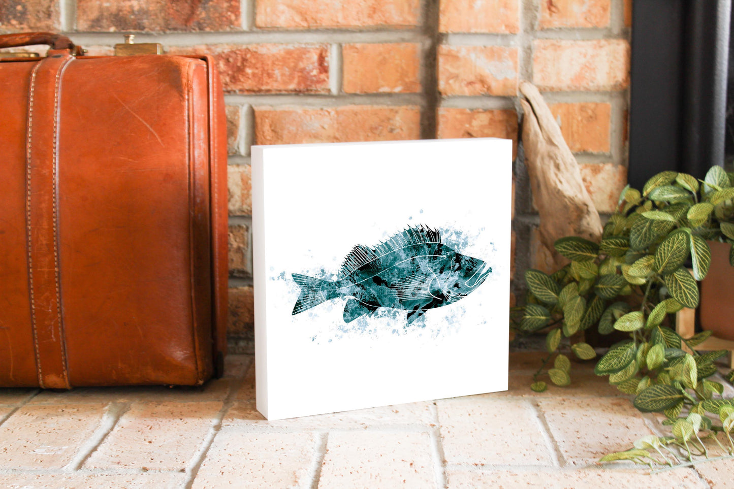 Blue White Water Color Red Fish | Wood Block | Eaches | Min 2