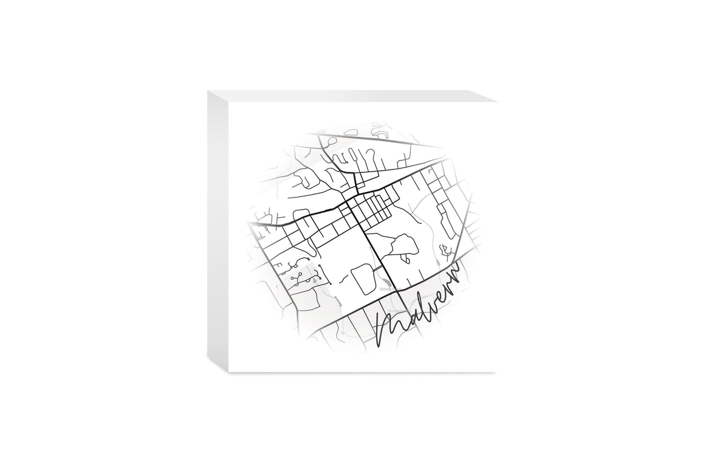 Minimalistic B&W Pennsylvania Malvern Circle Map | Wood Block | Eaches | Min 4