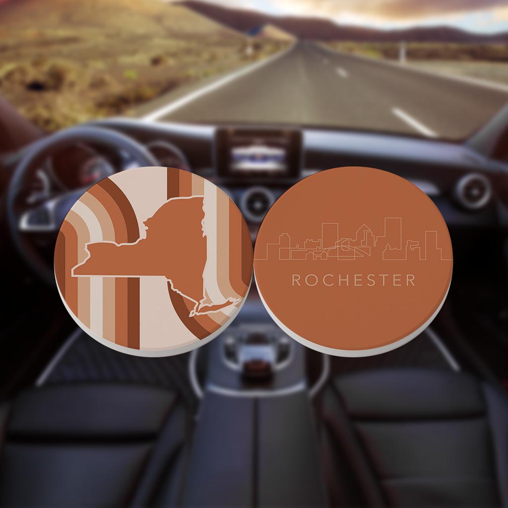 Modern Minimalist New York State Rochester Skyline| Absorbent Car Coasters | Set of 2 | Min 4