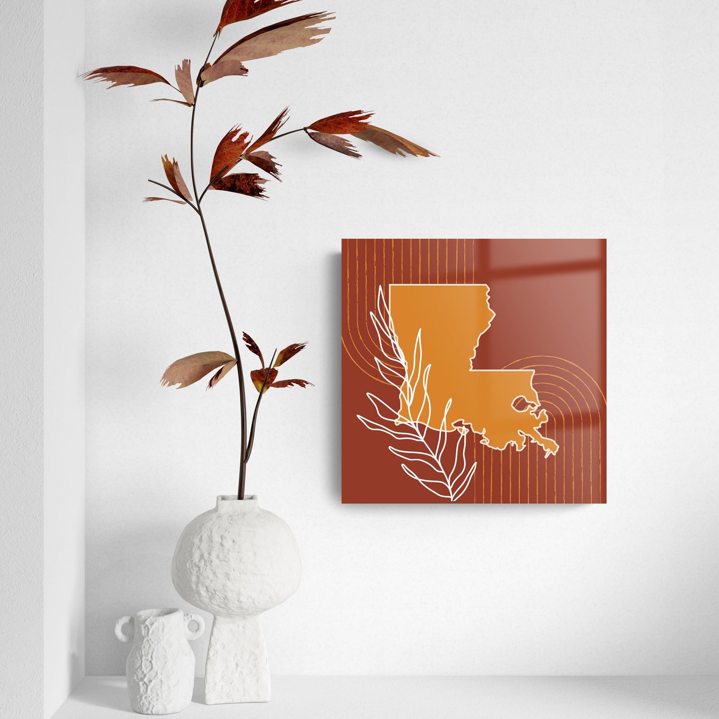 Modern Minimalist Louisiana State Shape With Leaf | Hi-Def Glass Art | Eaches | Min 2