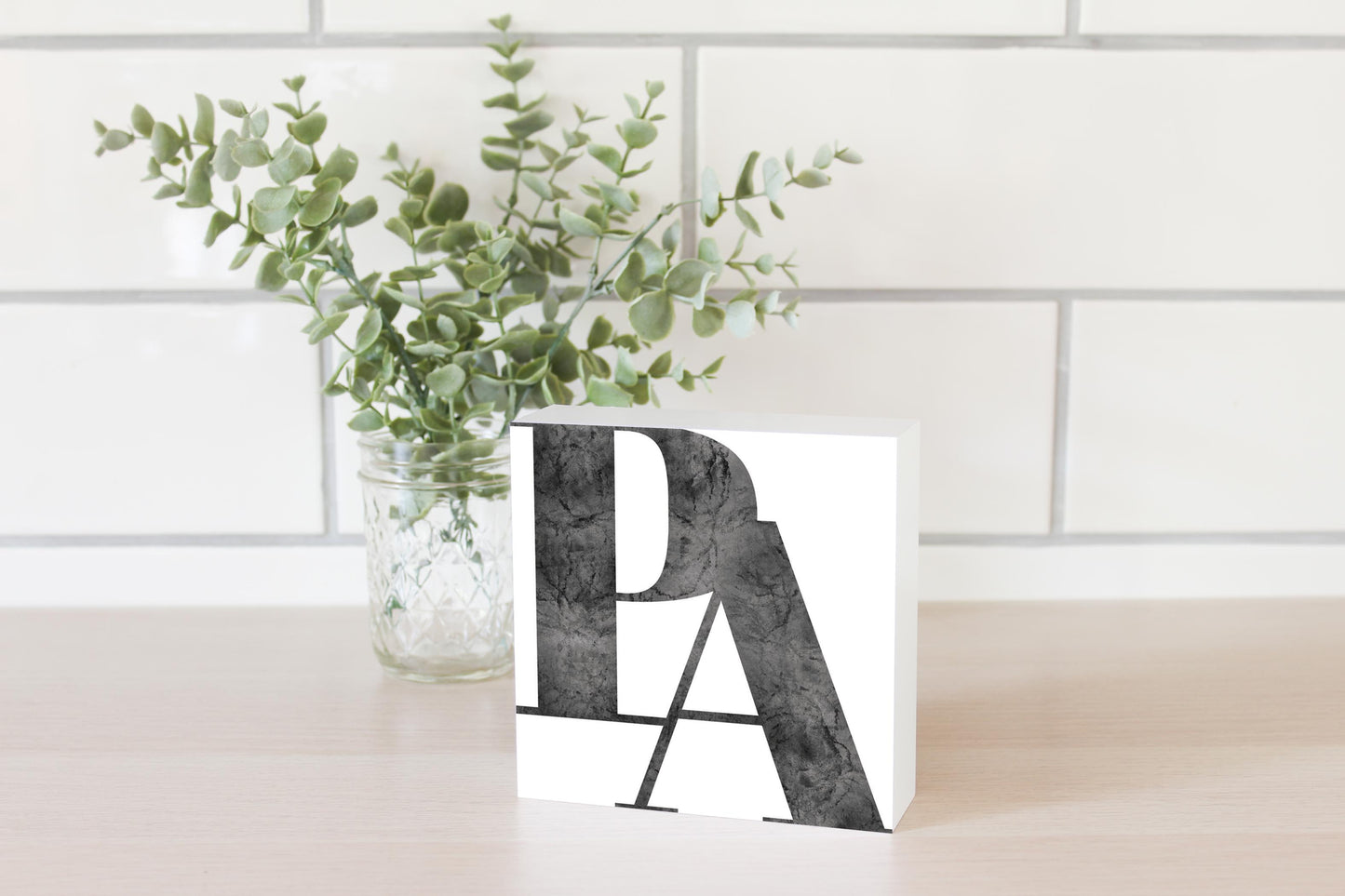 Minimalistic B&W Pennsylvania White Initials | Wood Block | Eaches | Min 4