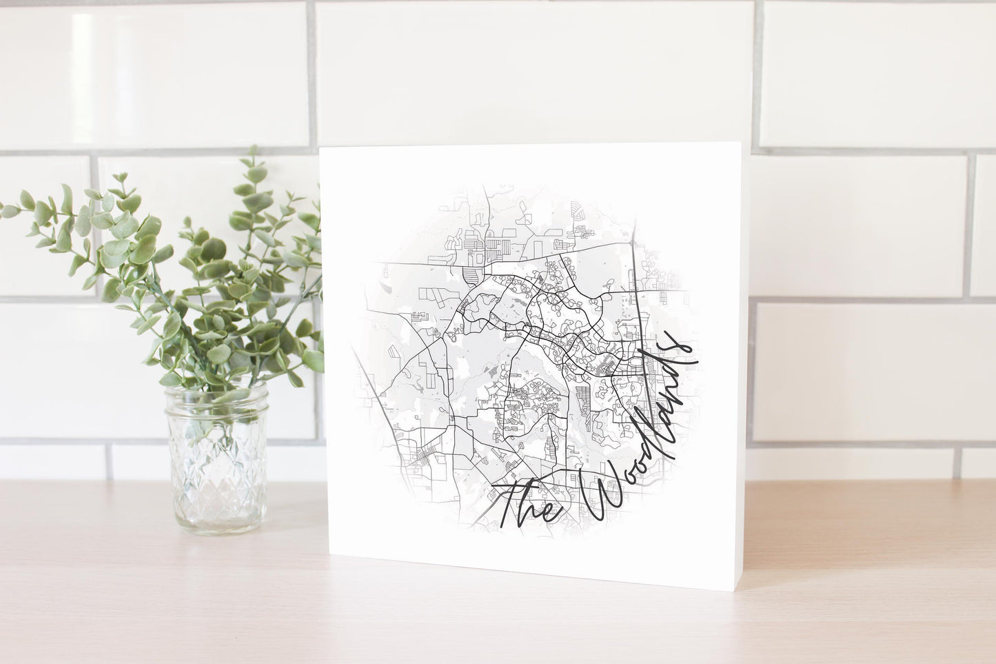 Minimalistic B&W Texas The Woodlands Circle Map | Wood Block | Eaches | Min 2