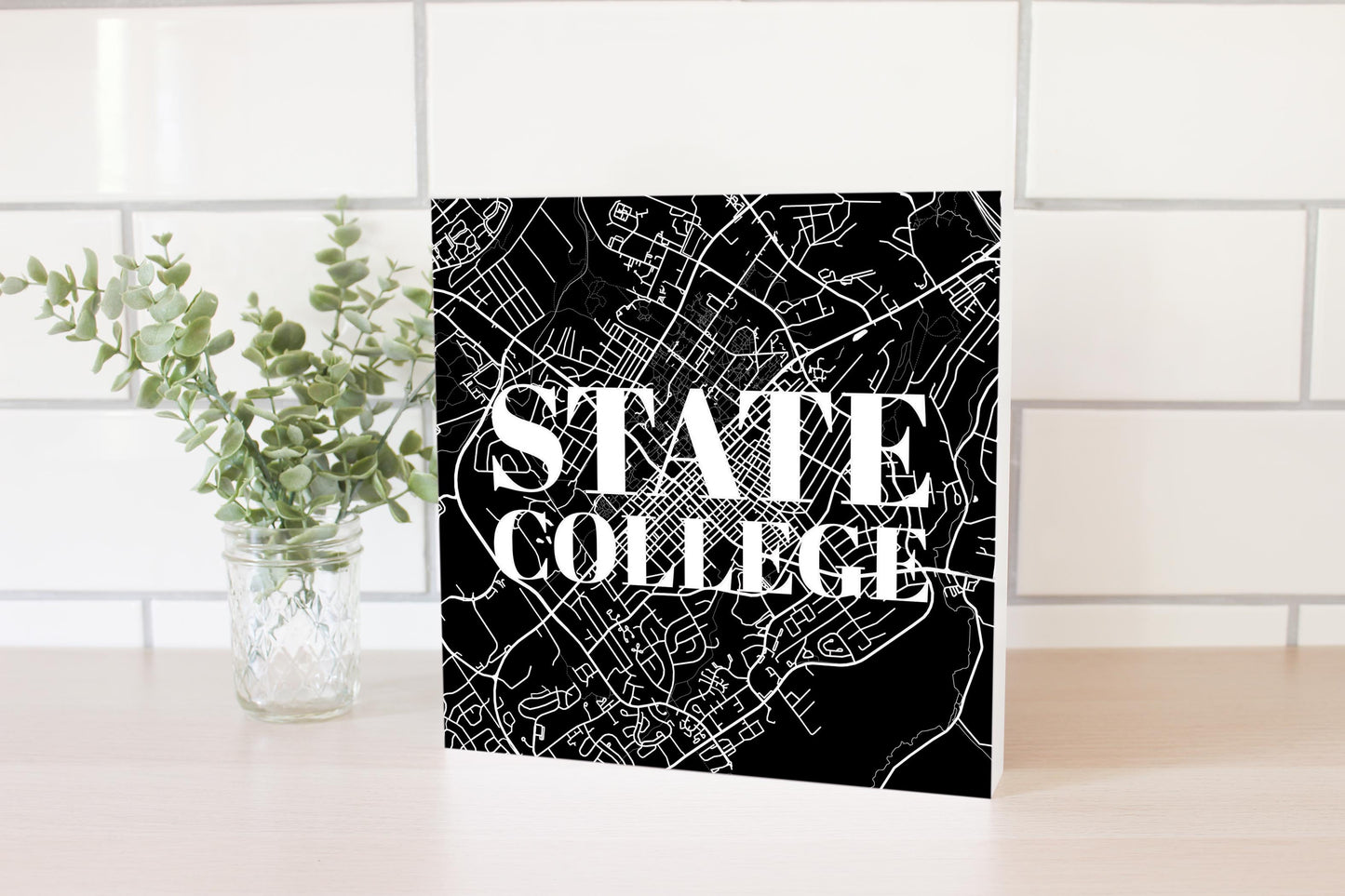 Minimalistic B&W Pennsylvania State College Map | Wood Block | Eaches | Min 2