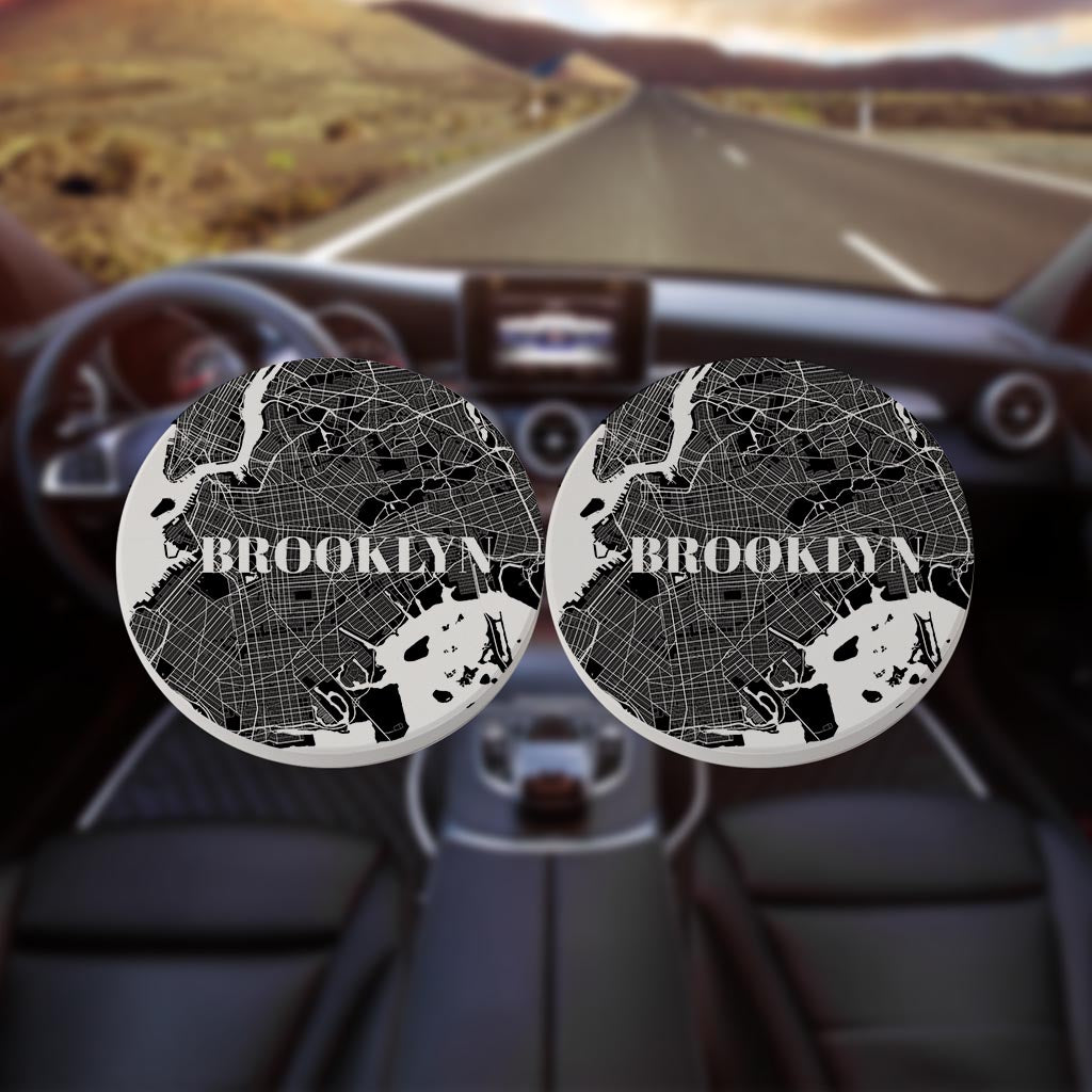 Minimalistic B&W New York Brooklyn Map | Absorbent Car Coasters | Set of 2 | Min 4