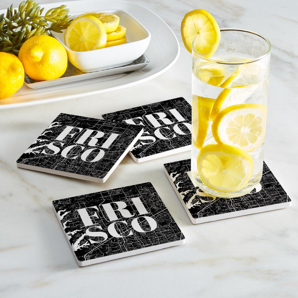 Minimalistic B&W Texas Frisco Map | Absorbent Coasters | Set of 4 | Min 2
