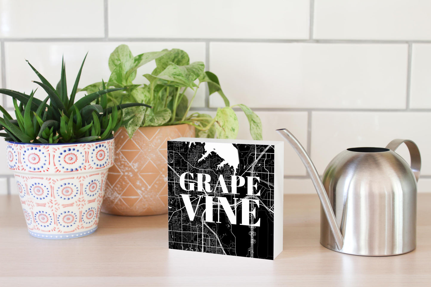 Minimalistic B&W Texas Grapevine Map | Wood Block | Eaches | Min 4