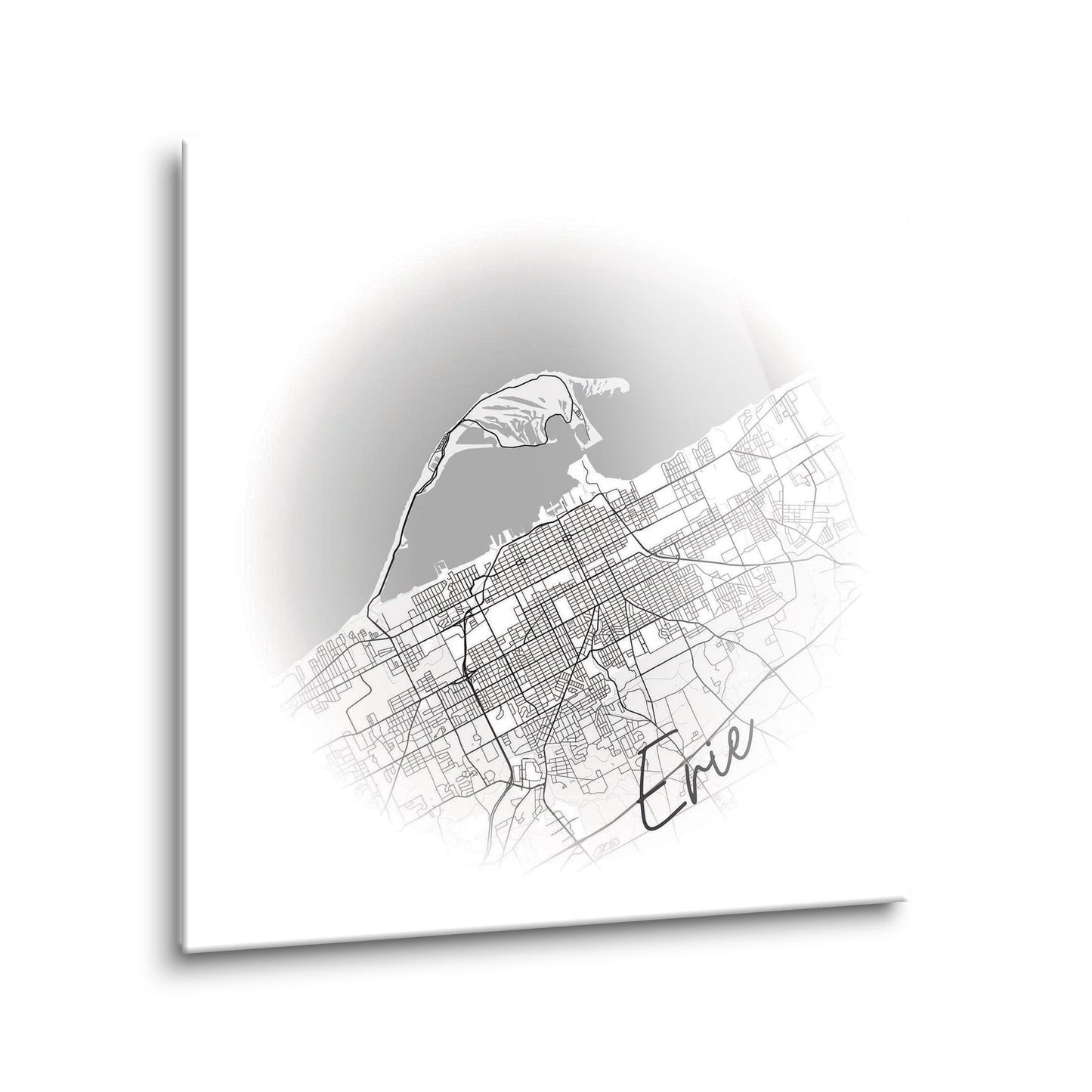 Minimalistic B&W Pennsylvania Erie Circle Map | Hi-Def Glass Art | Eaches | Min 1
